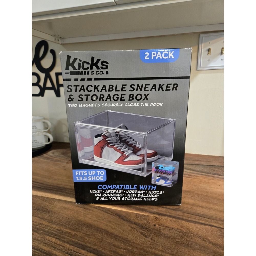 Kicks & Co Stackable Sneaker Storage Box 2 Pack Clear Magnetic Door Size 13.5